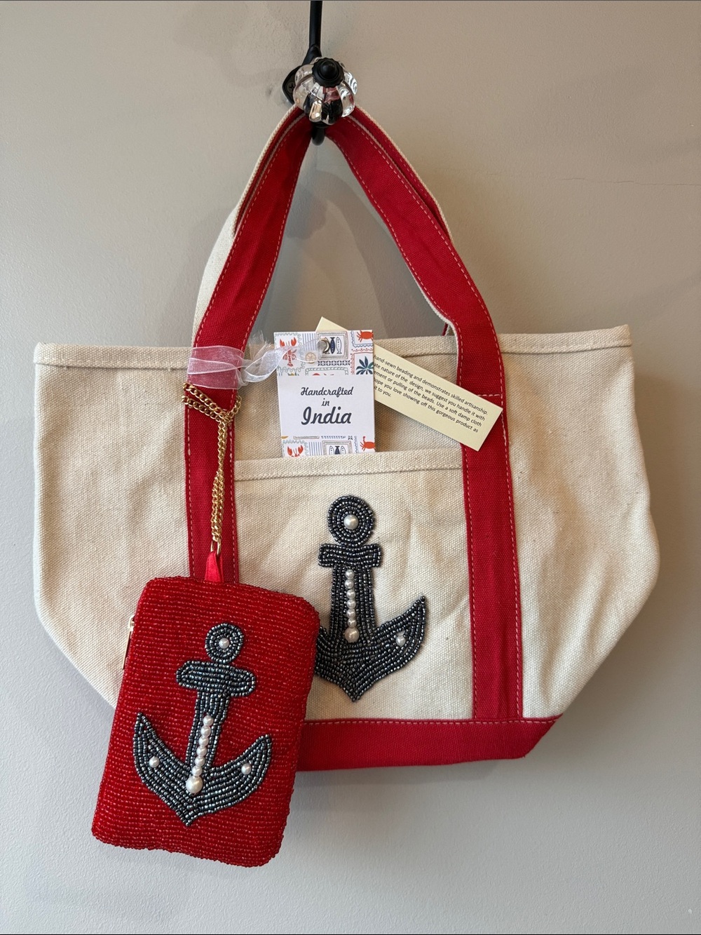 Handcrafted India Canvas Tote and pouch with Red Trim and Anchor Bead Detail